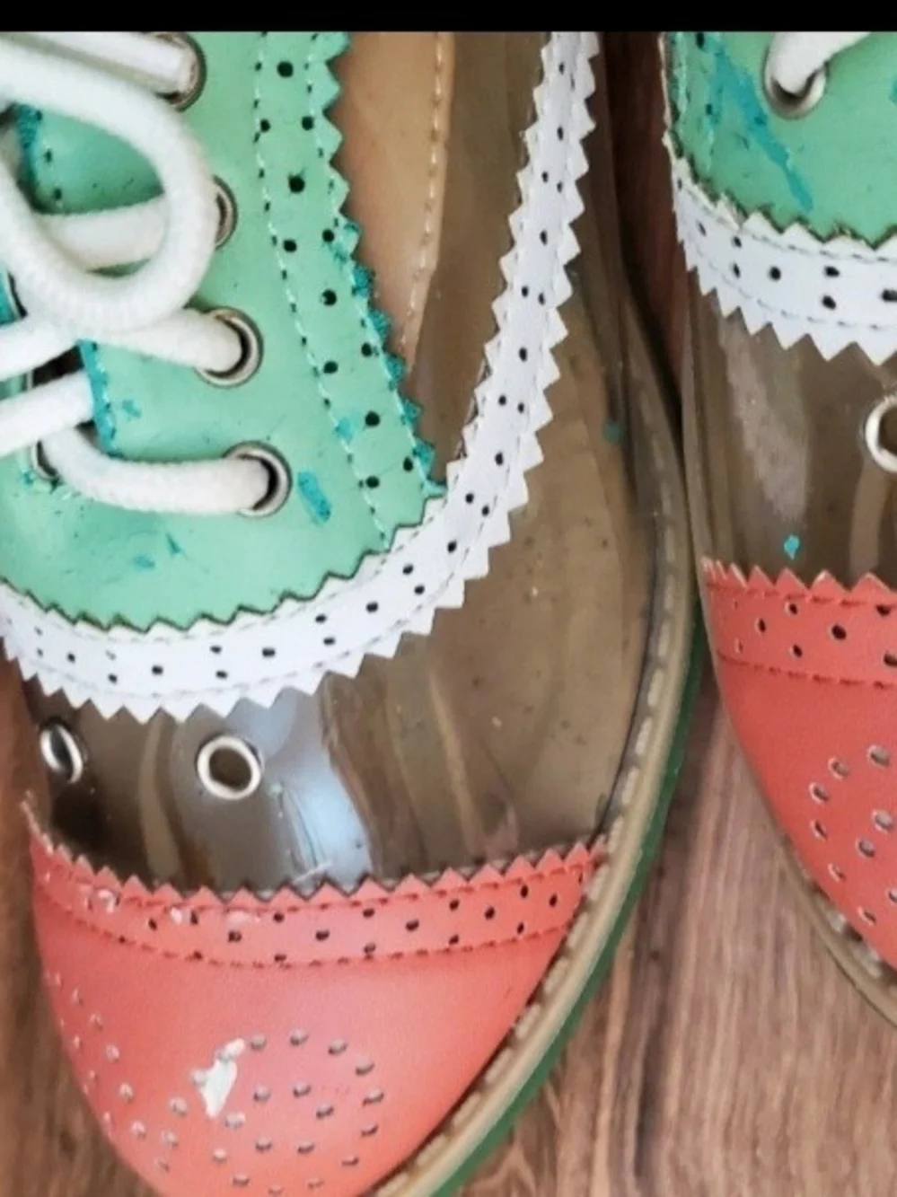 Red Circle Footwear Mint Green and Coral Wingtip Flats